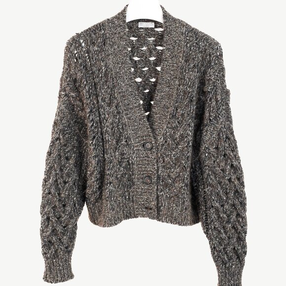 Brunello Cucinelli Cashmere Brown & Grey Cable Knit Cardigan - Picture 1 of 12